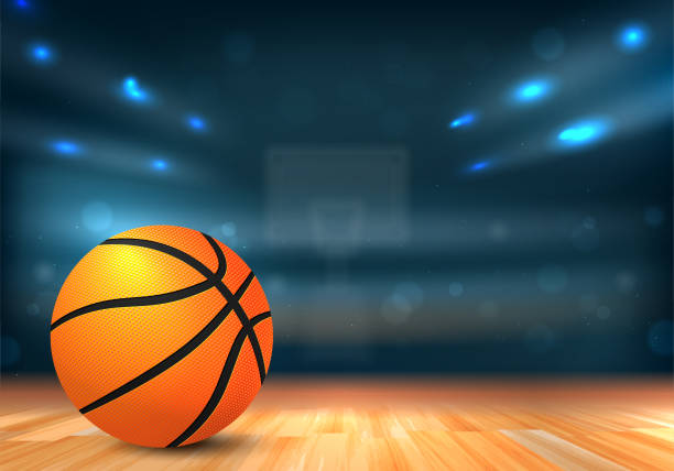 Basketball ball in sport arena with tribunes and lights Basketball ball on wooden floor and sport arena with tribunes and lights in blurred background - vector illustration basketball court stock illustrations