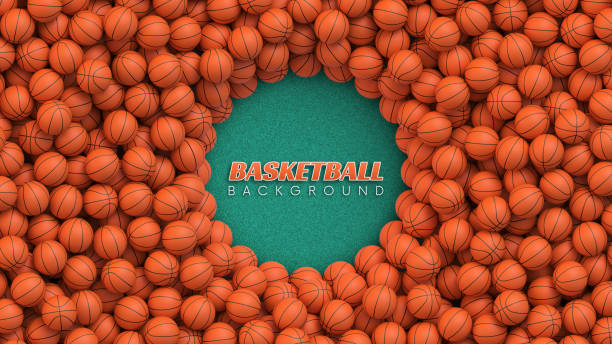 Basketball balls on court rubber flooring vector background Basketball balls background. Many orange basketball balls on court rubber flooring. Realistic vector background basketball stock illustrations
