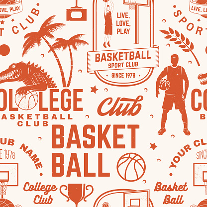 Basketball club seamless pattern or background. Vector illustration. Seamless sport pattern with basketball ball, basket, hoop and player silhouette. Basketball sport club texture. vector