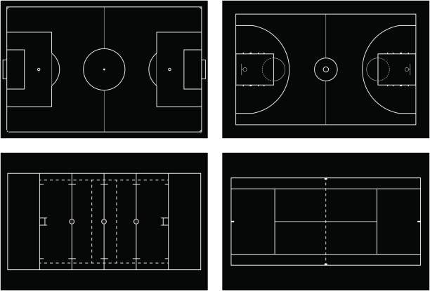 Basketball court. Tennis court. American football field. Sport s Basketball court. Tennis court. American football field. Sport set. Soccer field. football stadium Top view. Vector illustration isolated on white background basketball court stock illustrations