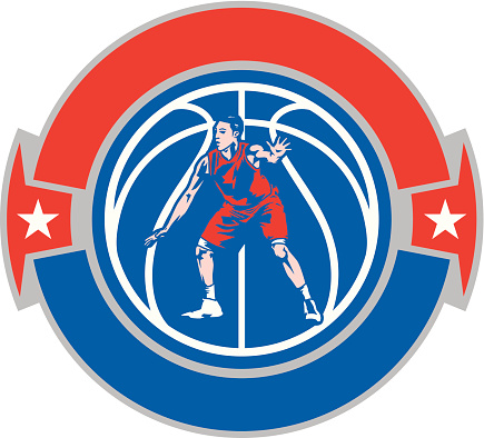 Illustration of a basketball player defending in a crest. All colors are separated in layers. Easy to edit. Black and white version (EPS10,JPEG) included. vector