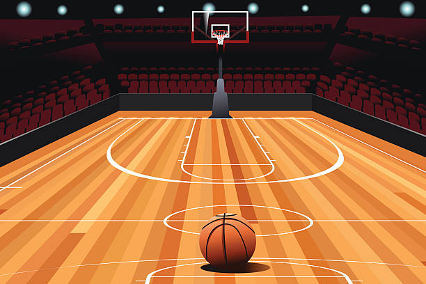 Basketball on Floor A vector illustration on floor of empty basketball court basketball court stock illustrations