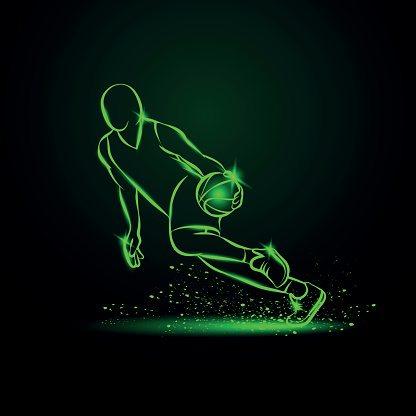Basketball player dribbling with a ball at high speed. Vector green neon illustration. vector