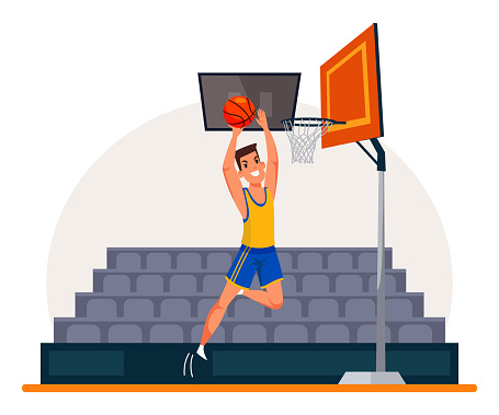 Basketball player flat vector illustration. Sportsman wearing professional uniform. Athlete cartoon character on stadium drawing. Man throwing ball in basket. Job, hobby, occupation.
