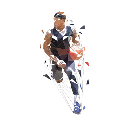 Basketball player running with ball, dribbling. Isolated vector low polygonal illustration, front view. Basketball point guard, geometric style vector
