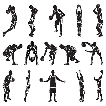 Basketball player silhouette set, vector illustration. Professional athletes dribbling, bouncing, passing, shooting the ball jumping in the air. Basketball crossover dribbling, free throw, slam dunk. vector