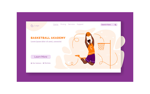 Landing page - basketball player jumping with ball and copy space or text place, muscular athletic African American man or sportsman - banner template for sport academy website, flat people - vector vector