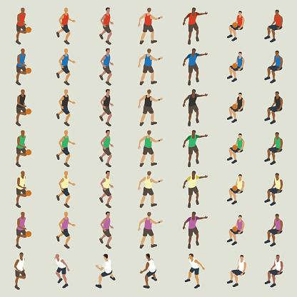 A team of seven basketball players is available in six uniform color choices: red, blue, black, green, yellow and purple. Seven more players are dressed in white. Vector icons are presented in isometric view. Note: no specific players, teams, leagues, or other entities under prior copyright protection have been included in the creation of this image. vector