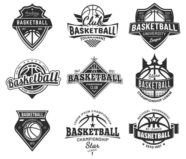 Basketball team labels, set of sport league badges Basketball team sport tournament badges, university league and champion club, vector emblems. Basketball or streetball college and varsity team signs, ball with wings and star shields, banners sports champion stock illustrations