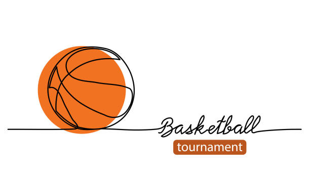 籃球比賽簡單的向量背景，橫幅，海報與橙色球素描。籃球的一條線畫藝術插圖 - 籃球 球 幅插畫檔、美工圖案、卡通及圖標