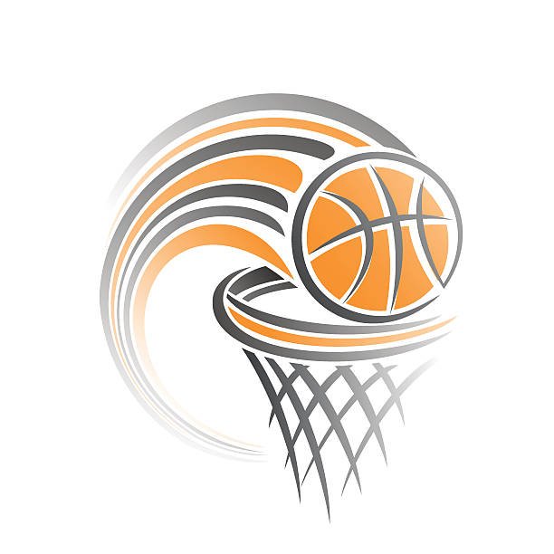 Basketball Vector illustration of the logo for basketball, consisting of flying on a trajectory basketball ball, thrown exactly in the ring with net; target hit basketball hoop stock illustrations