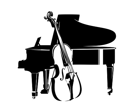 bass viol and grand piano musical instruments black and white vector outline