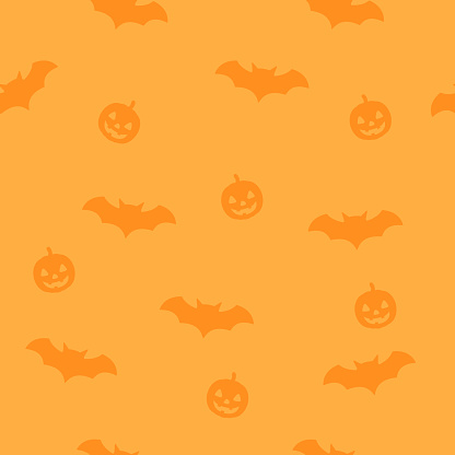 Bat and pumpkin halloween seamless patter with orange background. Scary vector illustration