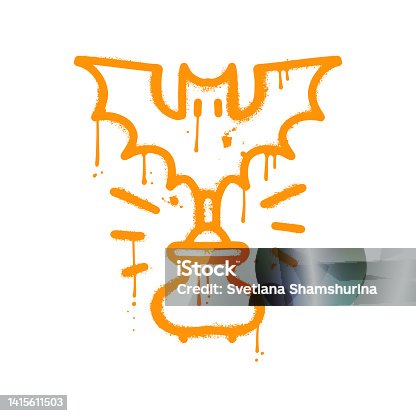 istock Bat holding Fairy pot with boiled love potion. Isolated Urban style graffiti sprayed with leak and splashes. Vector hand drawn textured illustration for halloween celebration. 1415611503