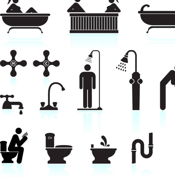 stockillustraties, clipart, cartoons en iconen met bath & bathroom black and white vector icon set - woman washing hair