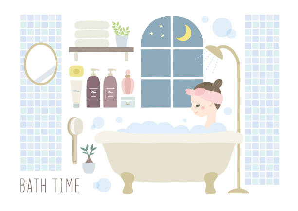 stockillustraties, clipart, cartoons en iconen met badtijd - woman washing hair