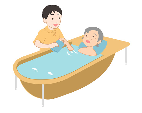 Bathing support for elderly women, wiping hands, male caregiver (no line)