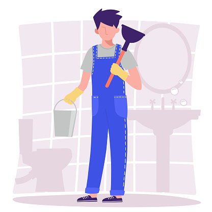 Bathroom. A male plumber in overalls is holding a bucket and a plunger.