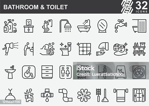 istock Bathroom and Toilet Line Icons 1215867700