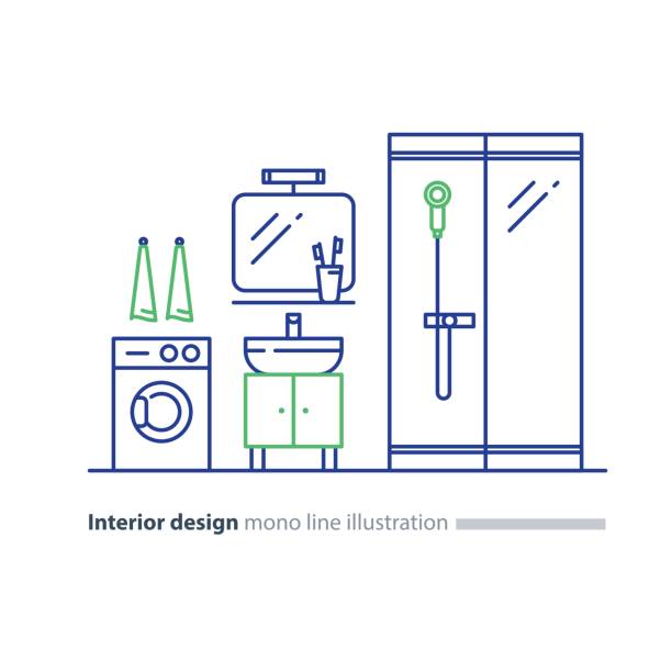 illustrations, cliparts, dessins animés et icônes de plan de salle de bain design, éléments de l’installation, mashine et douche lavabo - programmer machine à laver