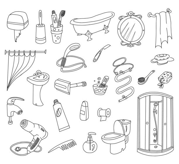 Bathroom Doodles Set Bathroom doodles set. Vector Illustration. bathroom drawings stock illustrations