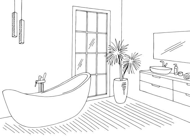 illustrations, cliparts, dessins animés et icônes de vecteur d’illustration blanc noir d’illustration d’intérieur de maison de salle de bains - salle de bain