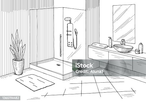 istock Bathroom graphic home interior black white sketch illustration vector 1365114482