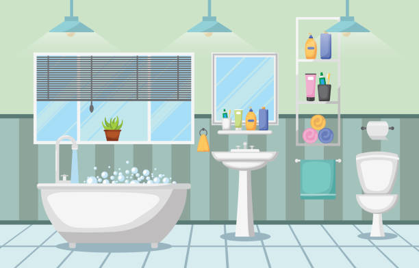 saubere moderne zimmer zur innenseite badmöbel flache design - bathroom stock-grafiken, -clipart, -cartoons und -symbole