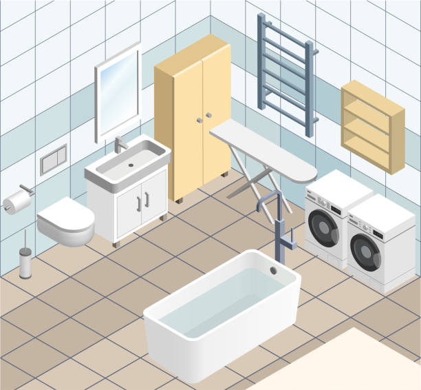 illustrations, cliparts, dessins animés et icônes de illustration isométrique vectorielle intérieure de salle de bain - programmer machine à laver