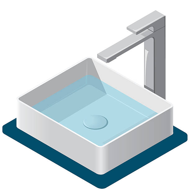 Bathroom sink. Isometric basin with tap. Kitchen interior infographic element. Bathroom sink. Isometric basin with tap and water. Kitchen interior info graphic element on white. Illustration household article. Pictogram domestic cleaner set. Flatten isolated master vector. sink stock illustrations