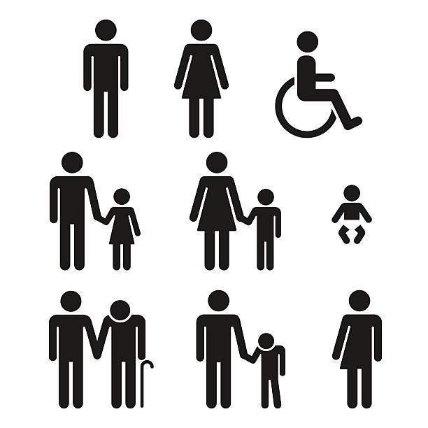 Bathroom symbols people icons Bathroom or hospital people icons. Men, women, unisex. Dads with daughters and mothers with sons. Disabled seniors and children requiring assistance. Baby changing room. data silhouettes stock illustrations