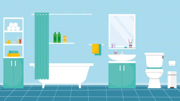 Bathroom Modern interior of bathroom and toilet with furniture. Home Interior Objects - bath, square mirror, toilet, sink, shower, tub. Vector illustration in flat design style. bathroom stock illustrations