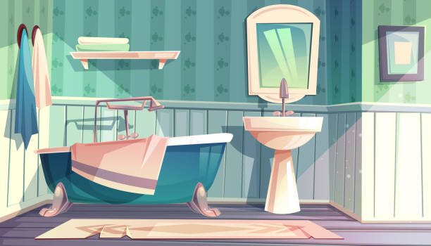 illustrations, cliparts, dessins animés et icônes de salle de bains vector provence intérieur de style vintage - salle de bain