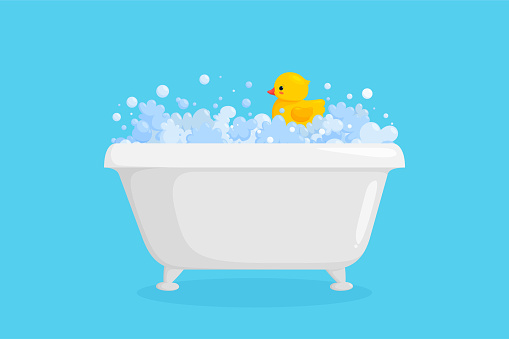 Bathtub with rubber duck in suds. Yellow duck in bubbles and foam isolated in blue background. Vector illustration