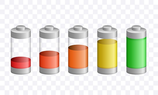 Batteries set. Charged and discharged glass batteries. Vector 3d clipart isolated on white background.