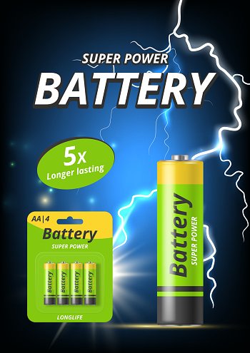 Battery ads poster. Advertising placard with alkaline battery pictures and place for text energy power lightning concept decent vector template