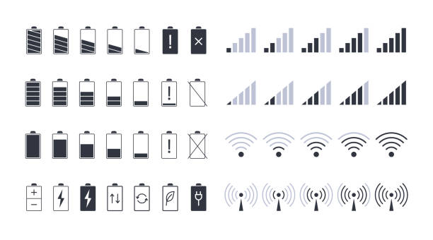 Battery and wifi signal icons. Editable stroke. Smartphone charge and battery coverage level vector icons. Black elements of the power scale of electronic device and mobile internet Battery and wifi signal icons. Editable stroke. Smartphone charge and battery coverage level vector icons. Black elements of the power scale of electronic device and mobile internet. bluetooth stock illustrations