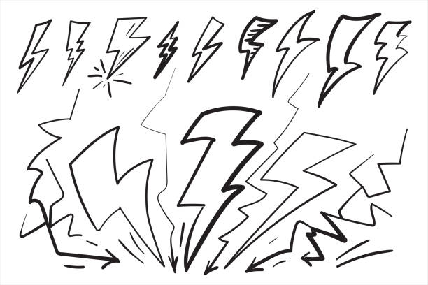 Battery charger, lightning bolt or thunderbolt symbol Hand drawn lighting strike. Llightning bolt sketch, scribble handdrawn lightning concept, sketchy thunderbolt, thunderstorm doodle vector illustration lightning drawings stock illustrations