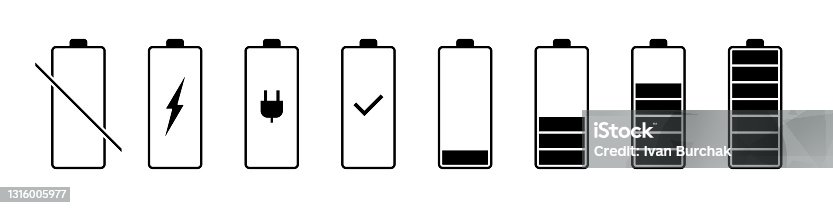 istock Battery charging icons. Flat vector illustration isolated on white 1316005977
