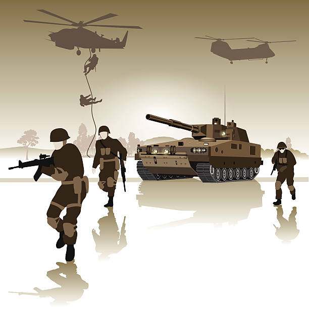 Battlefield Tank and group of soldiers running across the field. Vector illustration conflict stock illustrations