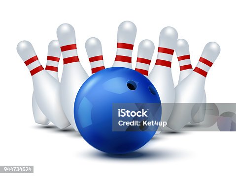 istock Bawling template isolated. Vector bowling ball and skittles 944734524