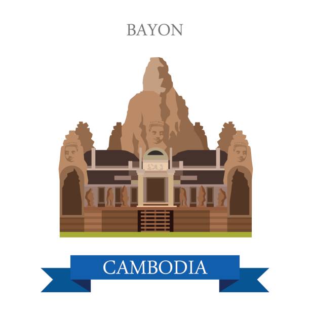 Bayon Khmer temple in Angkor, Cambodia. Flat cartoon style historic...