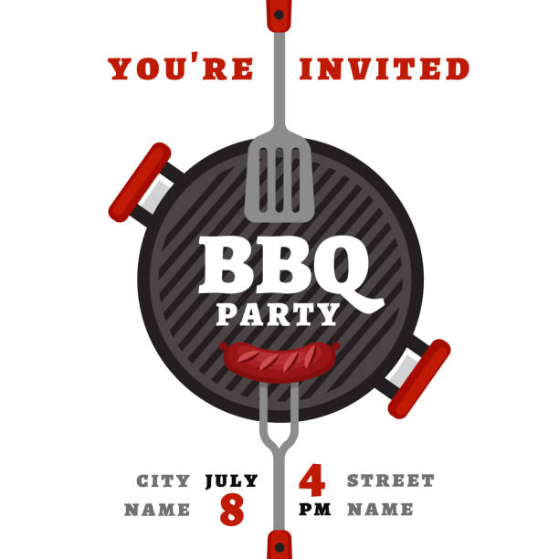 Bbq party background with grill. Barbecue poster. Flat style, vector illustration. Bbq party background with grill. Barbecue poster. Flat style, vector illustration. barbecue stock illustrations