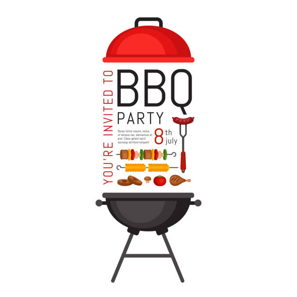 stockillustraties, clipart, cartoons en iconen met bbq-uitnodiging voor feest met grill en voedsel. barbecue de poster. voedsel flyer. vlakke stijl, vector illustratie. - bbq