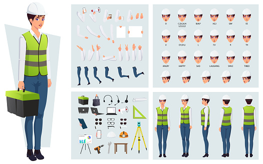 BConstruction Worker, Engineer Character Creation Pack, with Tools, Equipements, gestures and Face Expressions.