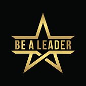 template of be a leader lettering design with abstract gold star icon isolated in black