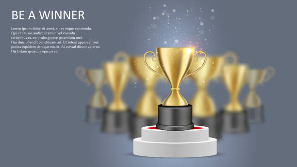 Be a winner poster web banner template, vector illustration Be a winner poster web banner template. Vector illustration of golden cup standing on white round podium. Competition winner trophy award, championship victory reward. trophy award stock illustrations