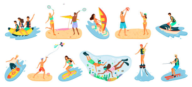 ilustrações, clipart, desenhos animados e ícones de atividades na praia, vetor de hobby de pessoas de verão - beach tennis