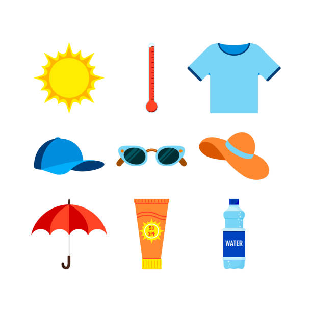 Beach and heat stroke prevention infographic icon set. Beach and heat stroke prevention infographic icon set. Thermometer, t-shirt, cap, sunglasses, hat, umbrella, bottle of water, sunscreen symbol collection. Vector flat design cartoon style illustration sunscreen stock illustrations
