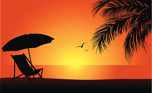 illustrazioni stock, clip art, cartoni animati e icone di tendenza di spiaggia al tramonto - ombrellone